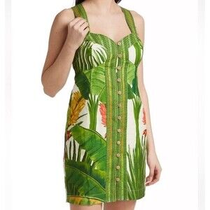 FARM RIO  Women’s Fresh Forest Scarf Sweetheart-Neck Minidress 100% Linen Sz S